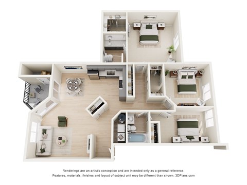 A 3D floor plan of a house with a kitchen, living room, and two bedrooms.